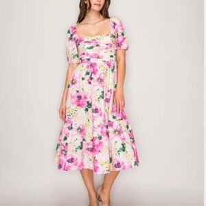 Unique Vintage Pink and Green Floral Midi Dress